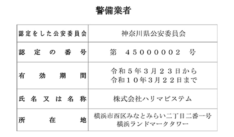 警備業法第4条認定証明書